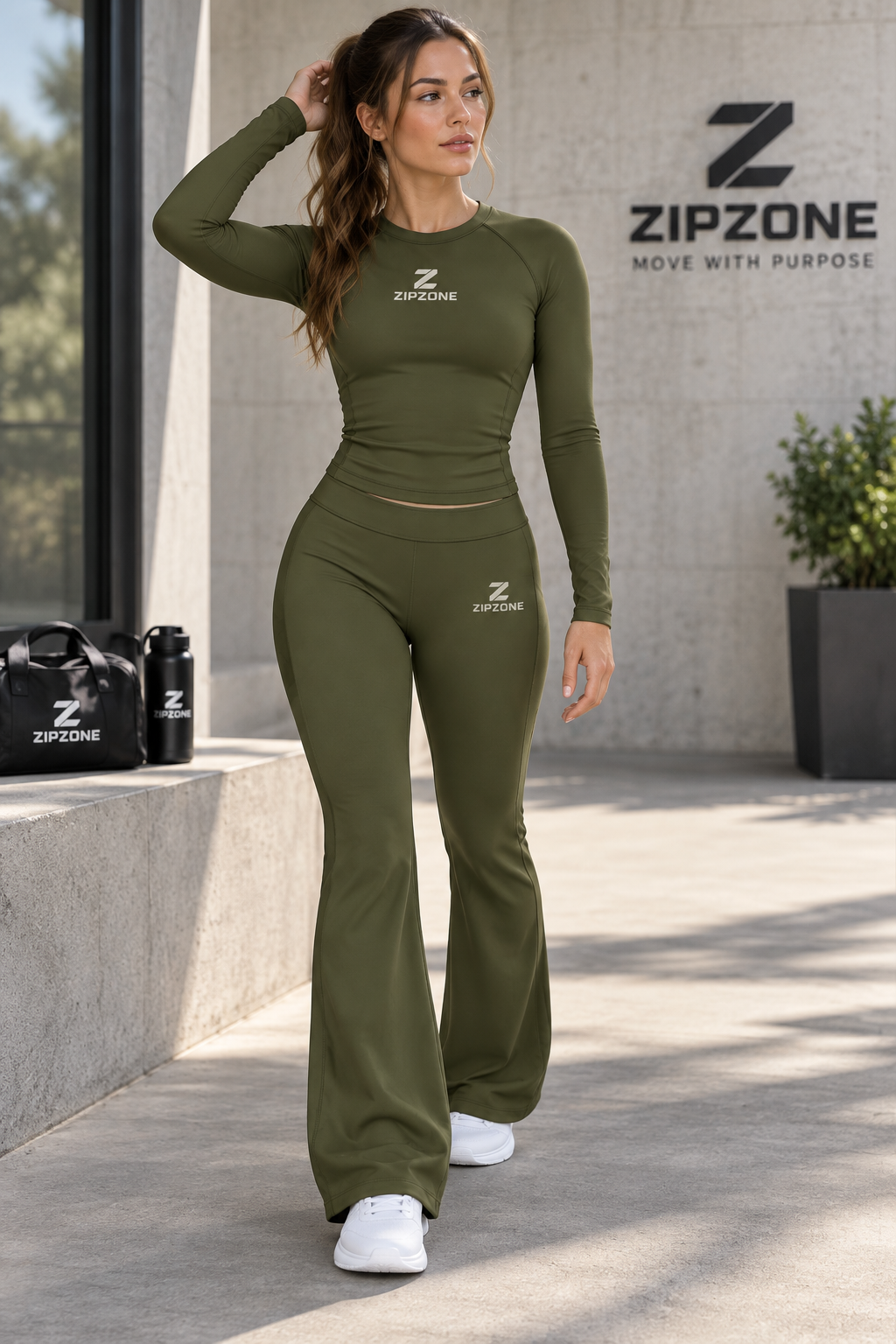 Classic Long Sleeve Set – Women's 2-Piece Activewear Back View Lifestyle, Olive