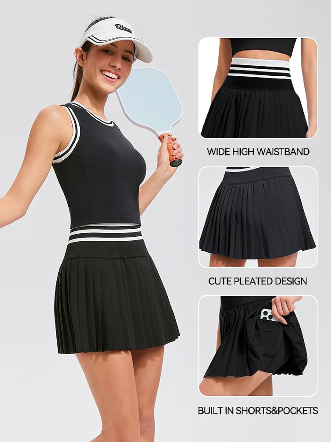 Women's Black Athletic Skirt with Racerback Tank (Tennis/Pickleball)