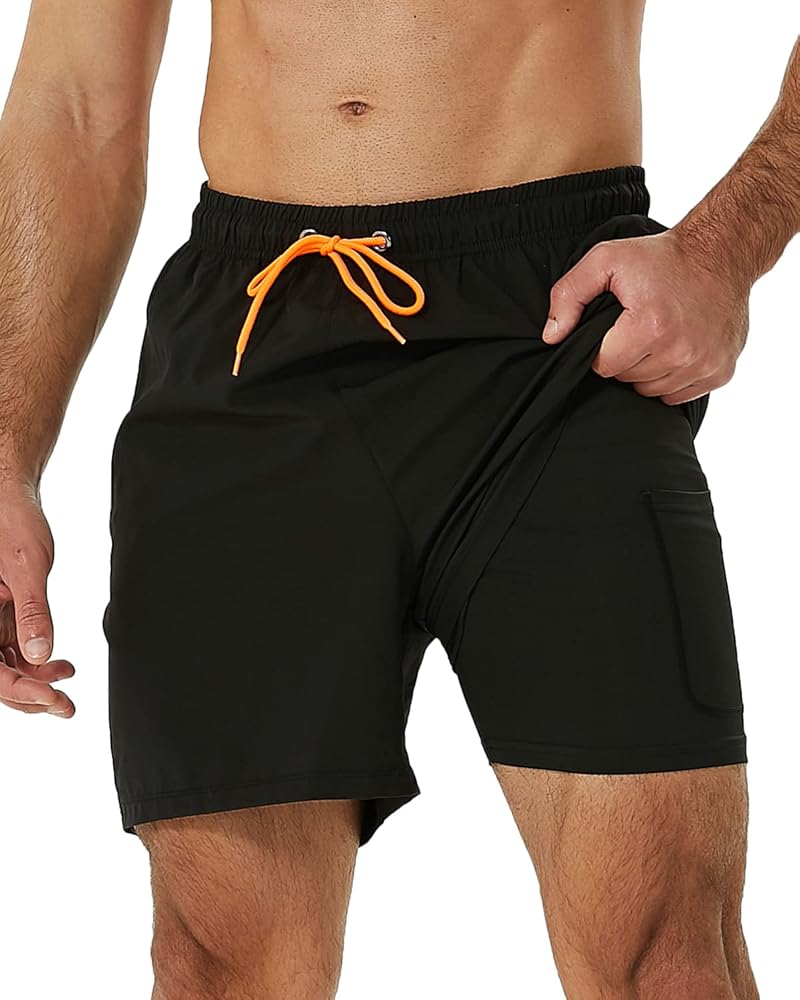 Men’s Black Swim Shorts with Orange Drawstring