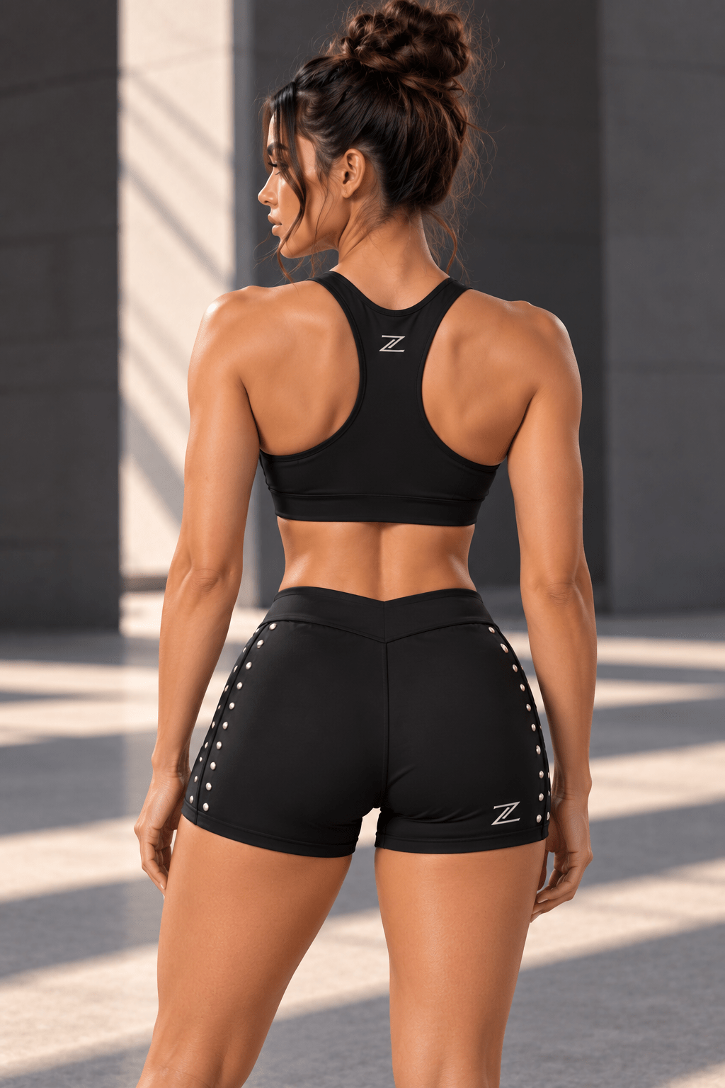 Black Racerback Sports Bra & Studded Shorts Set - Zipzone International