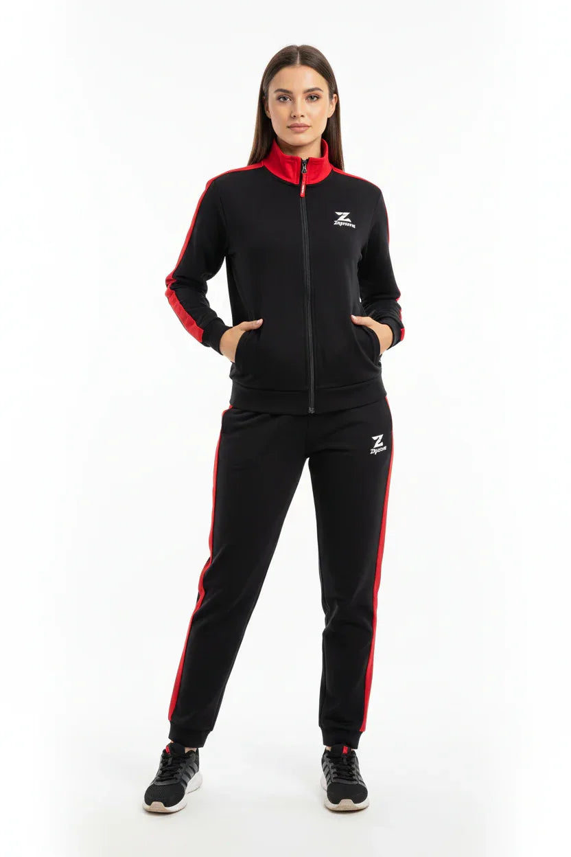 black-red-tracksuit-female-front-view - ZipzoneInternational