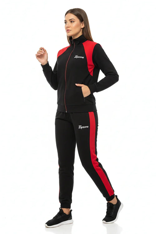 black-red-tracksuit-female-left-side-view - ZipzoneInternational