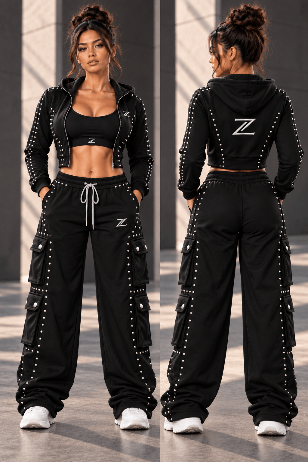 Black Studded Cropped Hoodie & Cargo Pants Set - Zipzone International