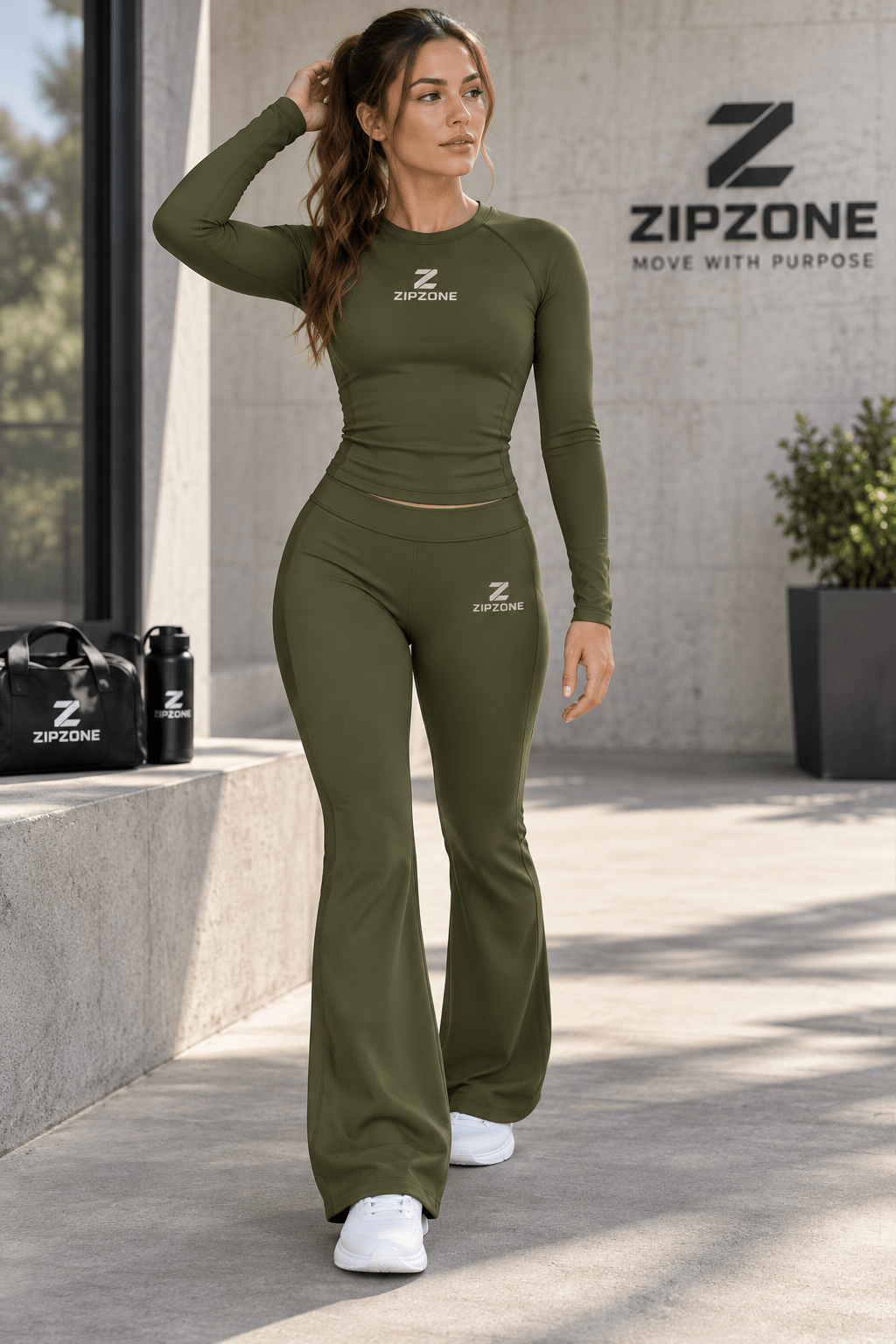 Classic Long Sleeve Set – Women's Activewear 2-Piece (Long Sleeve Top + Flare Pants) - Zipzone International