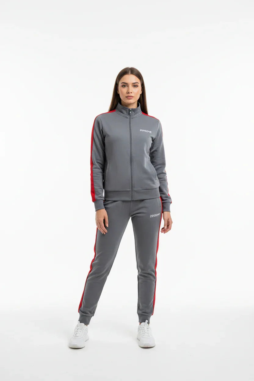 grey-red-tracksuit-female-front-view - ZipzoneInternational