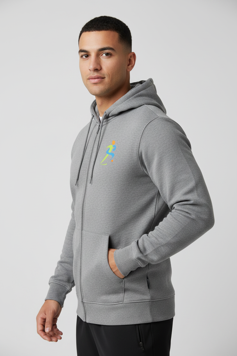 Zipzone Men's Zip-Up Hoodie Grey – Left Side View | Side Zip Pocket and Sleeve Cuff
