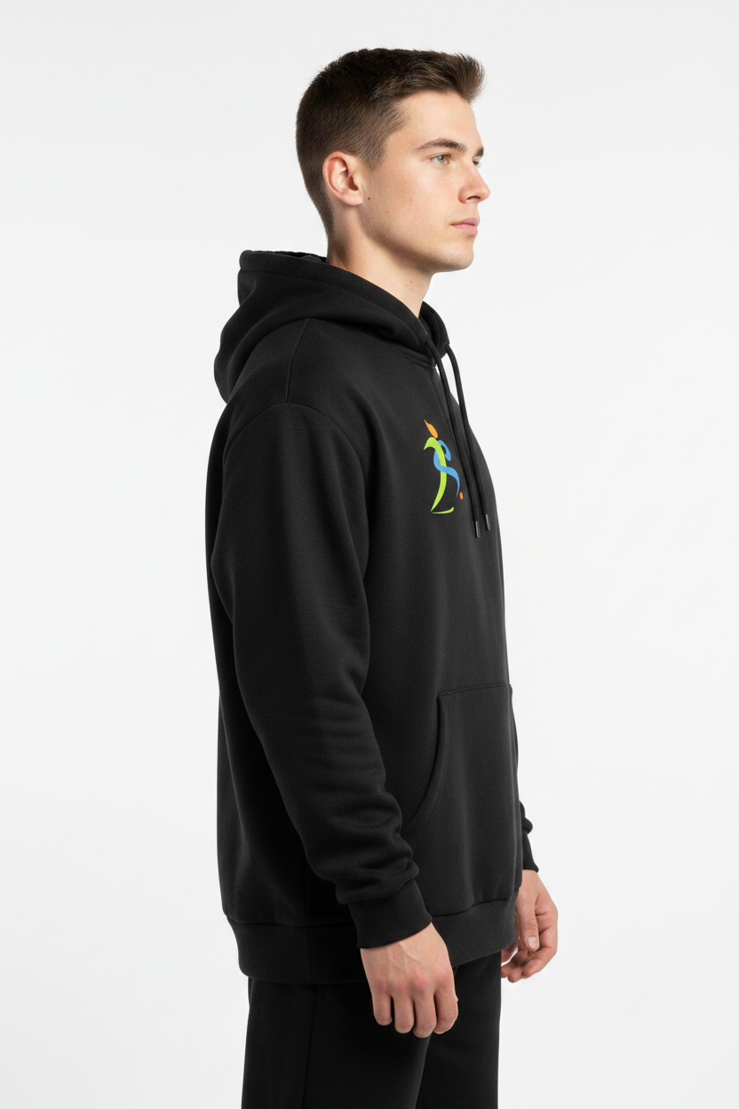Zipzone Unisex Essential Fleece Hoodie Black – Right Side View | Relaxed Fit Profile