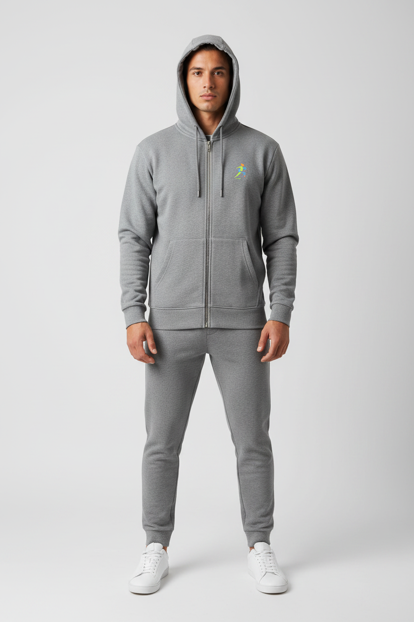 Zipzone Men's Zip-Up Hoodie Grey – Front View | Full-Length Zipper and Hood Detail