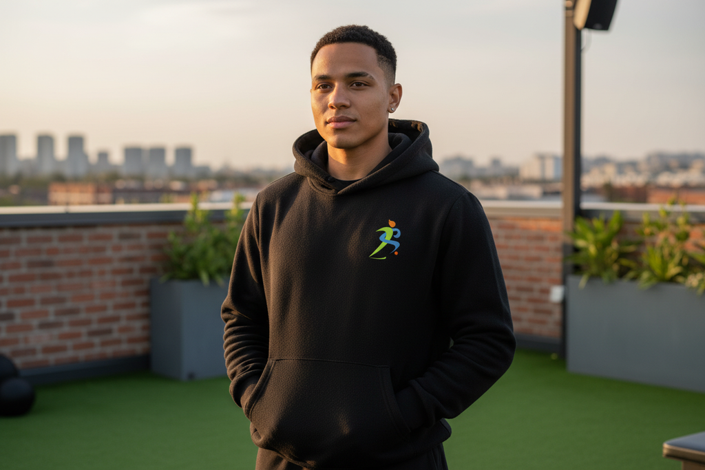 Zipzone Unisex Essential Fleece Hoodie Black – Lifestyle Shot | Model with Hands in Kangaroo Pocket in Urban Setting