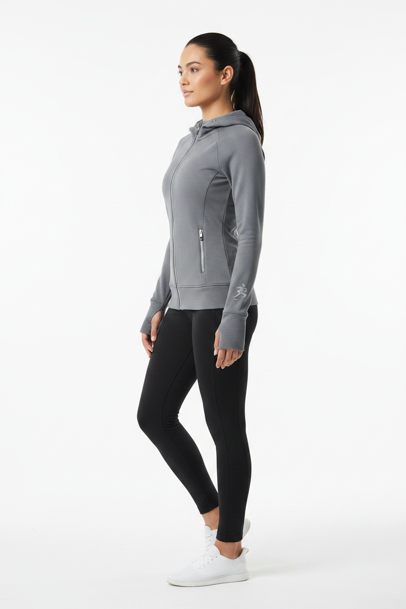 Zipzone Women's Zip-Up Hoodie Grey – Left Side View | Side Zip Pocket and Sleeve Cuff