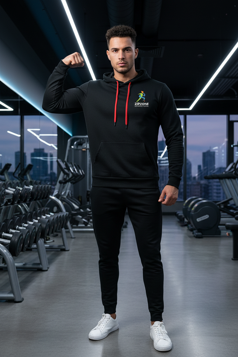 Black Zipzone Hoodie with Red Drawstrings lifestyle photo
