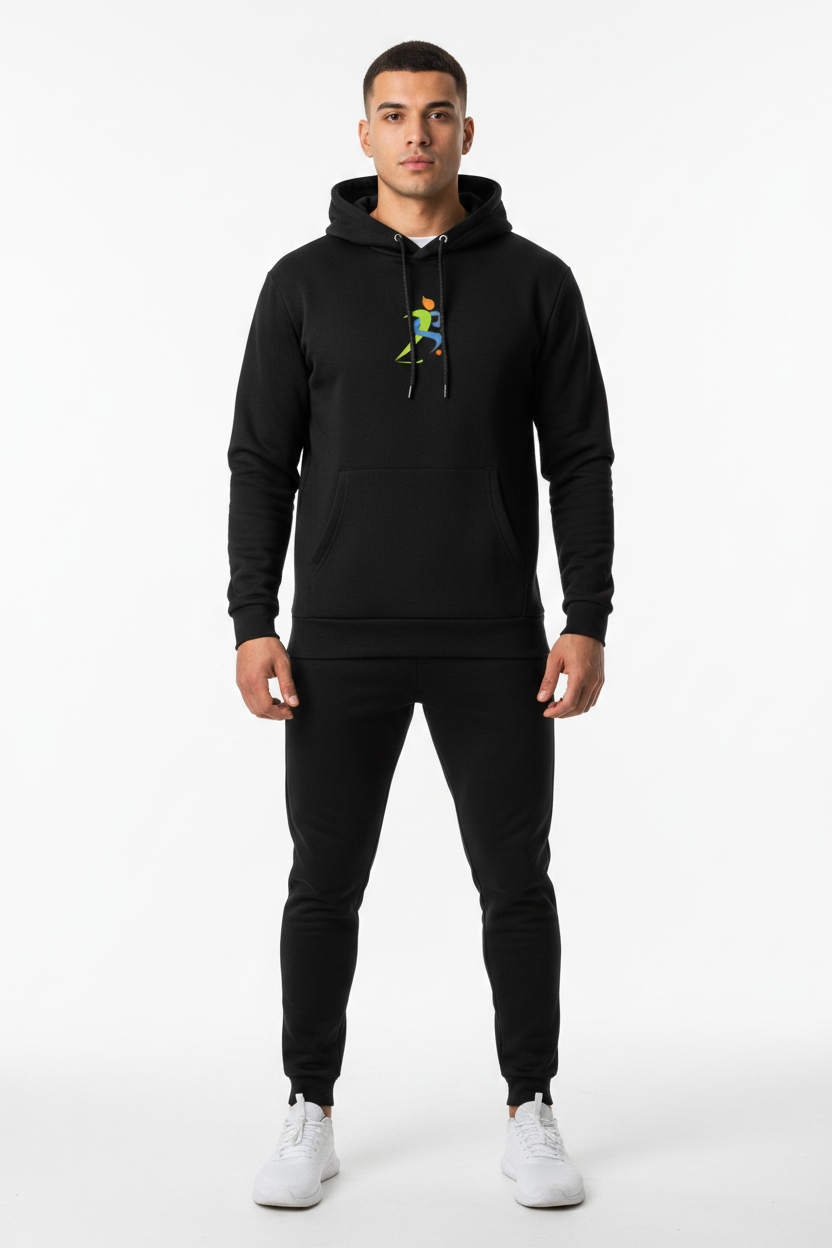 Zipzone Unisex Essential Fleece Hoodie Black – Front View | Kangaroo Pocket and Drawstring Hood
