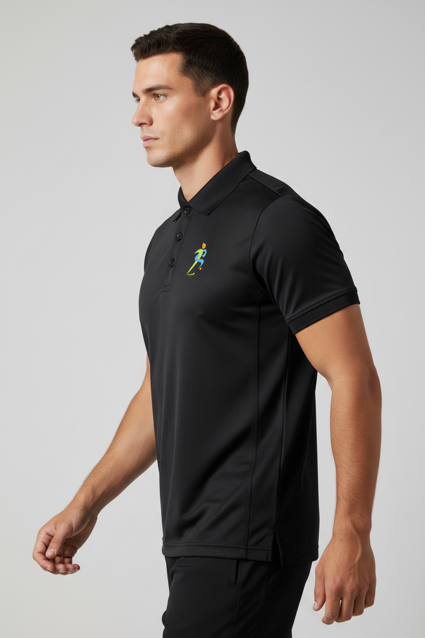 Zipzone Men's Performance Polo Black – Left Side View | Side Seam and Sleeve Detail