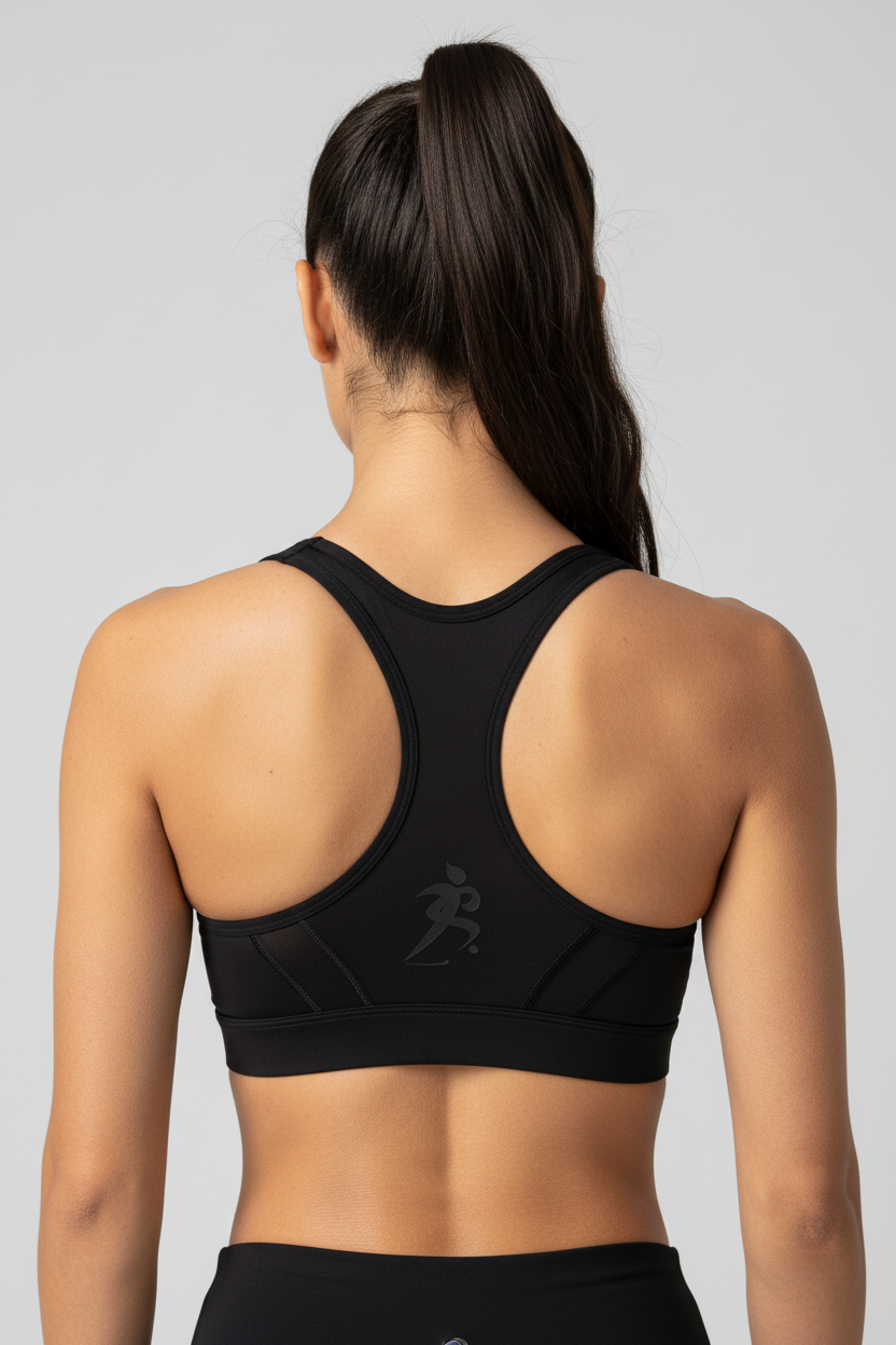 Zipzone Women's High-Support Sports Bra Black – Back View | Racerback Strap Construction