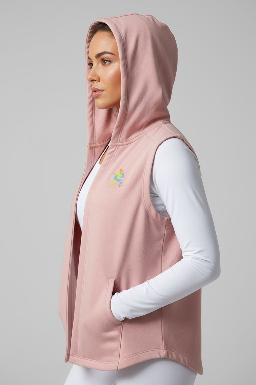 Zipzone Sleeveless Hoodie Vest in Pink – Female Model Side Profile, Sleeveless Silhouette Layering