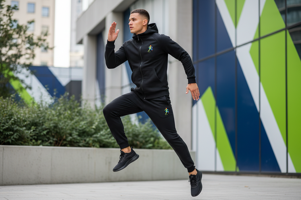 Zipzone Unisex Classic Tracksuit Black – Lifestyle Shot | Athletic Model in Dynamic Pose