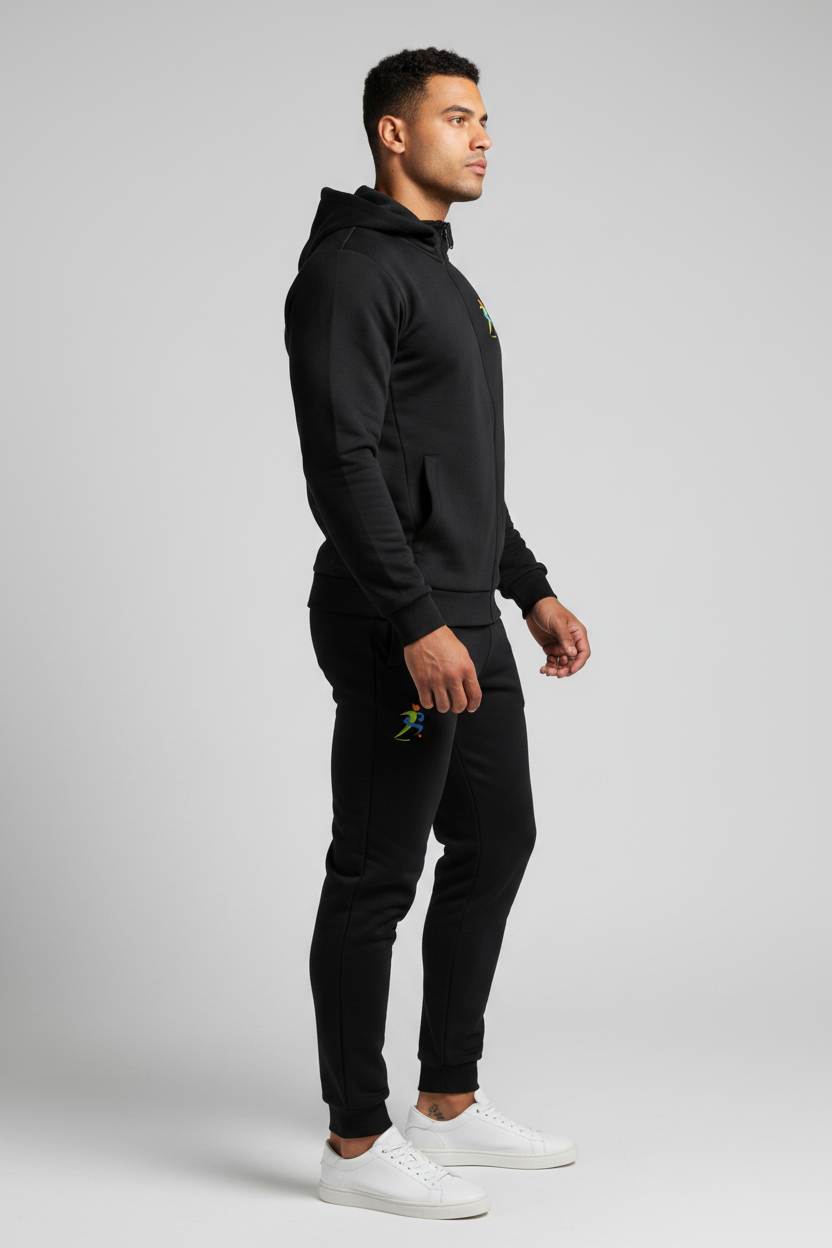 Zipzone Unisex Classic Tracksuit Black – Right Side View | Tapered Jogger Leg Profile
