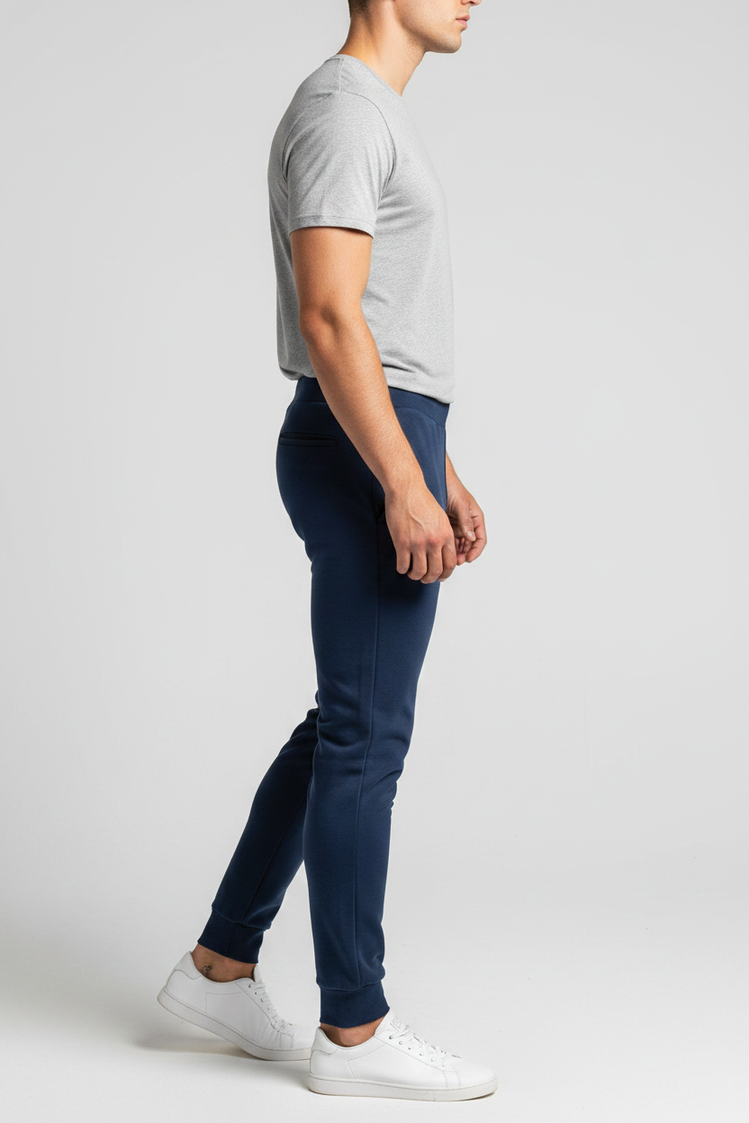 Zipzone Men's Slim Fit Joggers Navy – Right Side View | Ribbed Ankle Cuff Profile