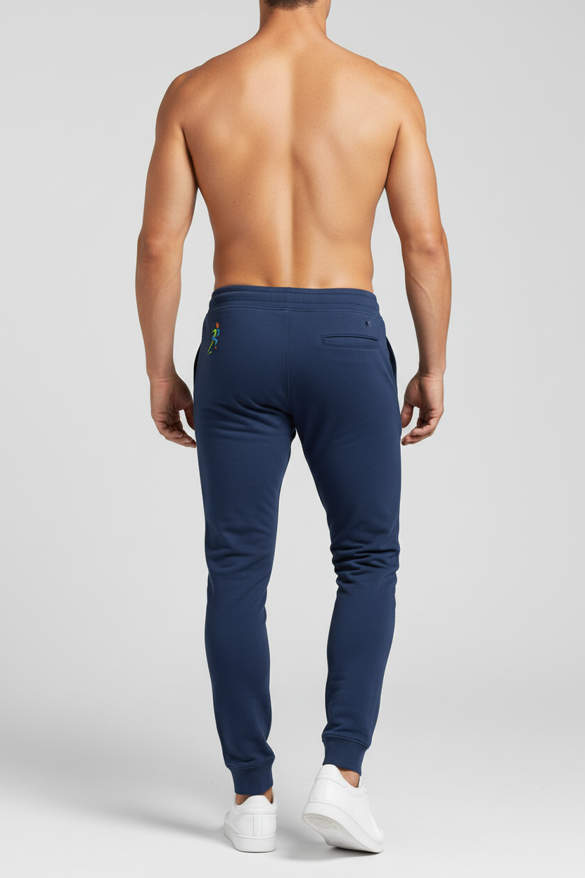 Zipzone Men's Slim Fit Joggers Navy – Back View | Back Pocket and Tapered Leg Detail
