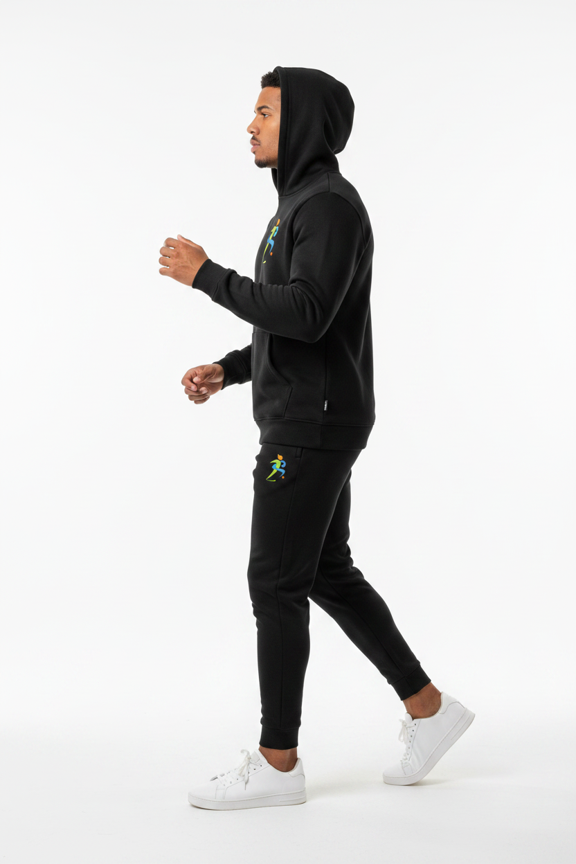 Zipzone Unisex Essential Fleece Hoodie Black – Left Side View | Side Seam and Ribbed Sleeve Cuff