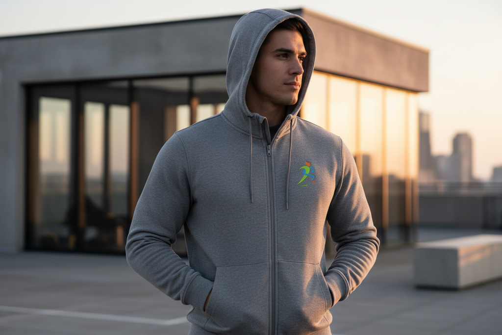 Zipzone Men's Zip-Up Hoodie Grey – Lifestyle Shot | Athletic Model with Hood Up in Urban Setting