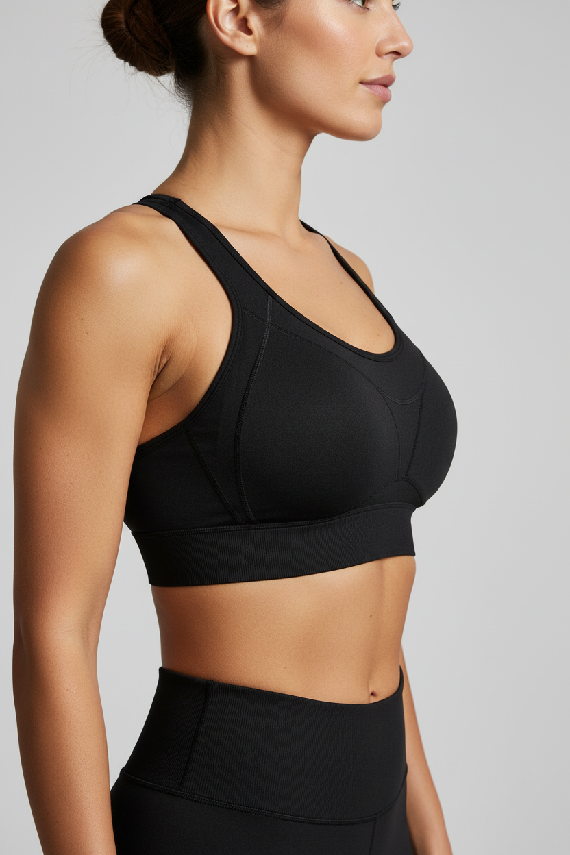 Zipzone Women's High-Support Sports Bra Black – Right Side View | Fabric Texture and Fit
