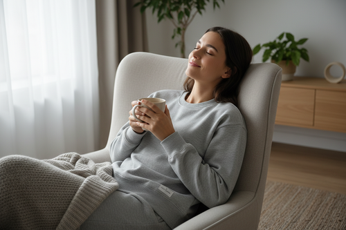 Person wearing heather gray crew neck sweatshirt