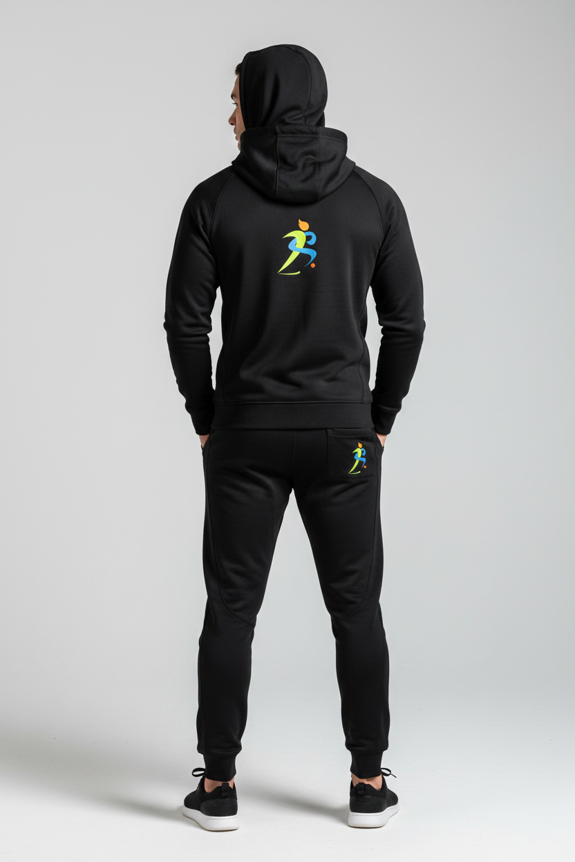 Zipzone Unisex Classic Tracksuit Black – Back View | Hood and Back Panel Detail