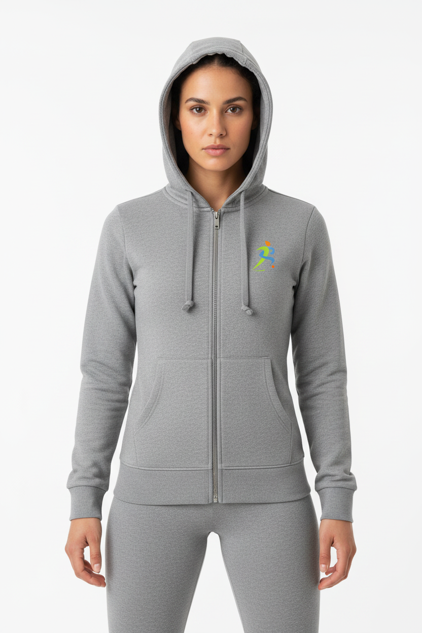 Zipzone Women's Zip-Up Hoodie Grey – Front View | Full-Length Zipper and Hood Detail