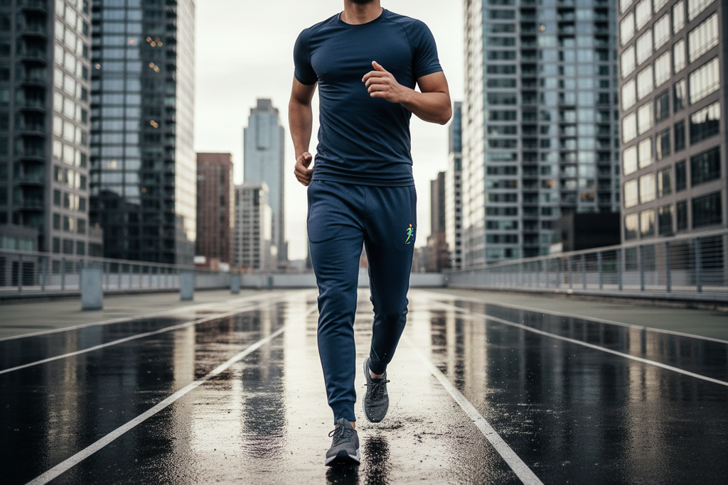 Zipzone Men's Slim Fit Joggers Navy – Lifestyle Shot | Athletic Model in Urban Outdoor Setting