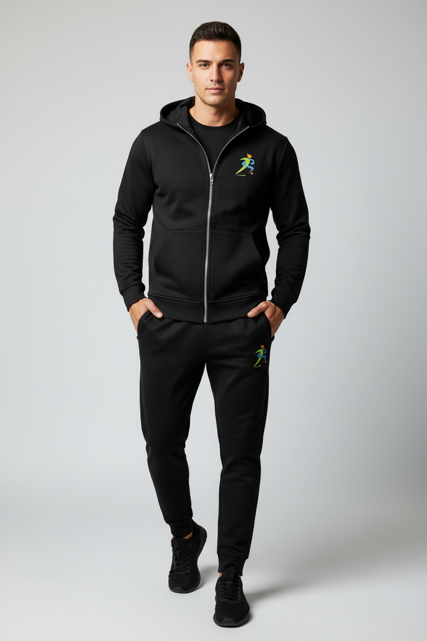 Zipzone Unisex Classic Tracksuit Black – Front View | Matching Zip-Up Hoodie & Jogger Set