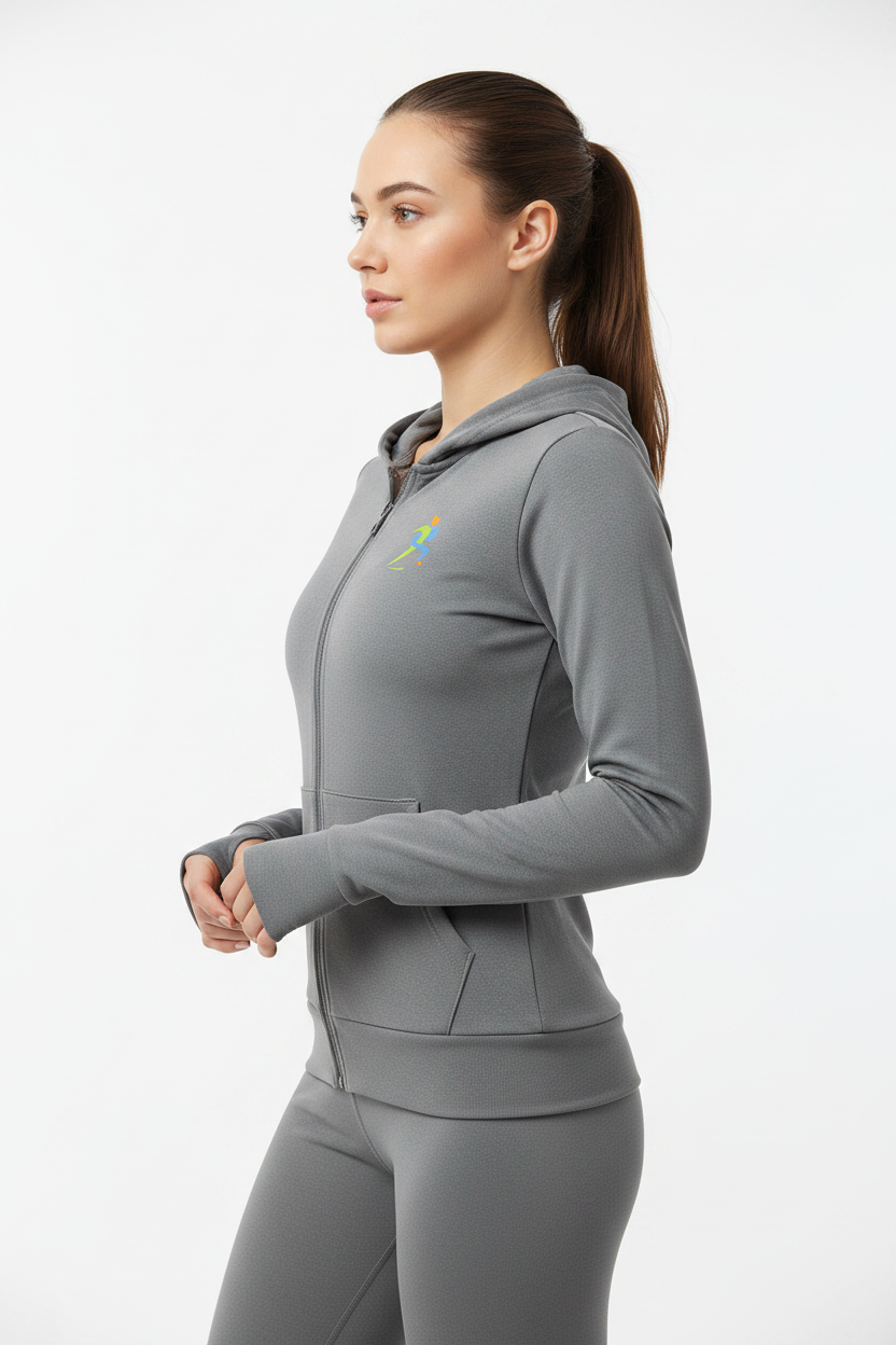 Zipzone Women's Zip-Up Hoodie Grey – Right Side View | Ribbed Hem and Slim Fit Profile