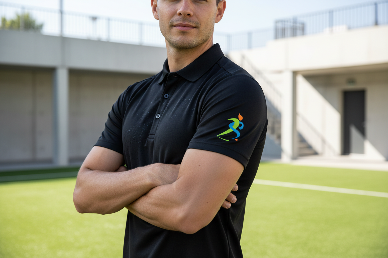 Zipzone Men's Performance Polo Black – Lifestyle Shot | Athletic Model in Gym Setting