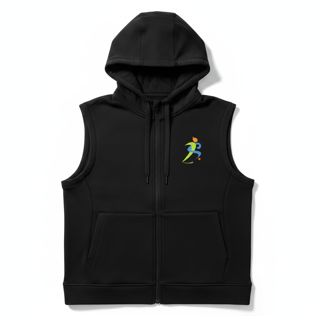 Zipzone Sleeveless Hoodie Vest in Jet Black – Flat Lay Product Shot, 260gsm Fleece Hood and Armhole Detail