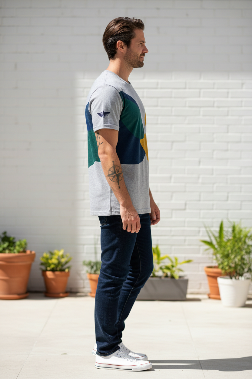 Man wearing custom t-shirt - side angle