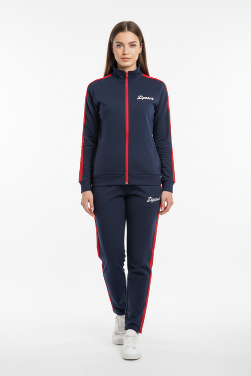 navy-red-tracksuit-female-front-view - ZipzoneInternational