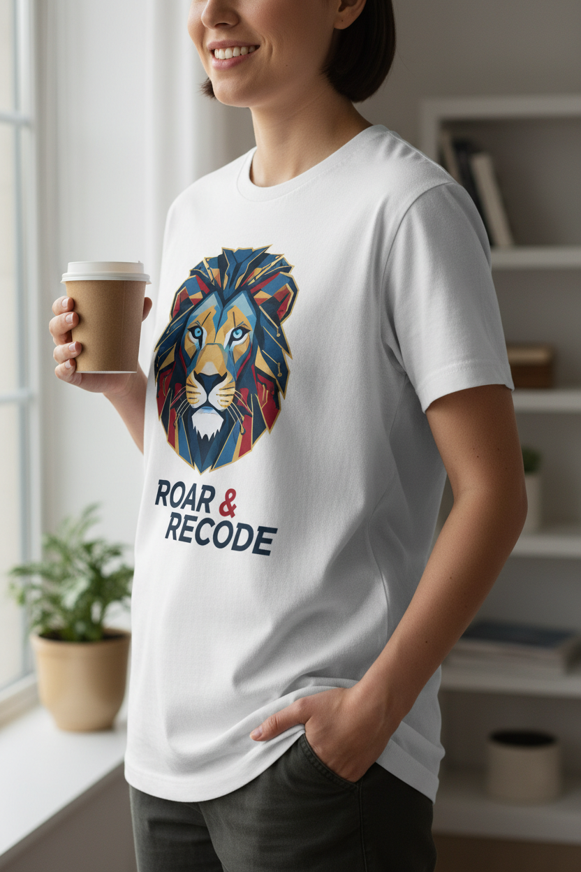 Person wearing custom t-shirt - three-quarter angle