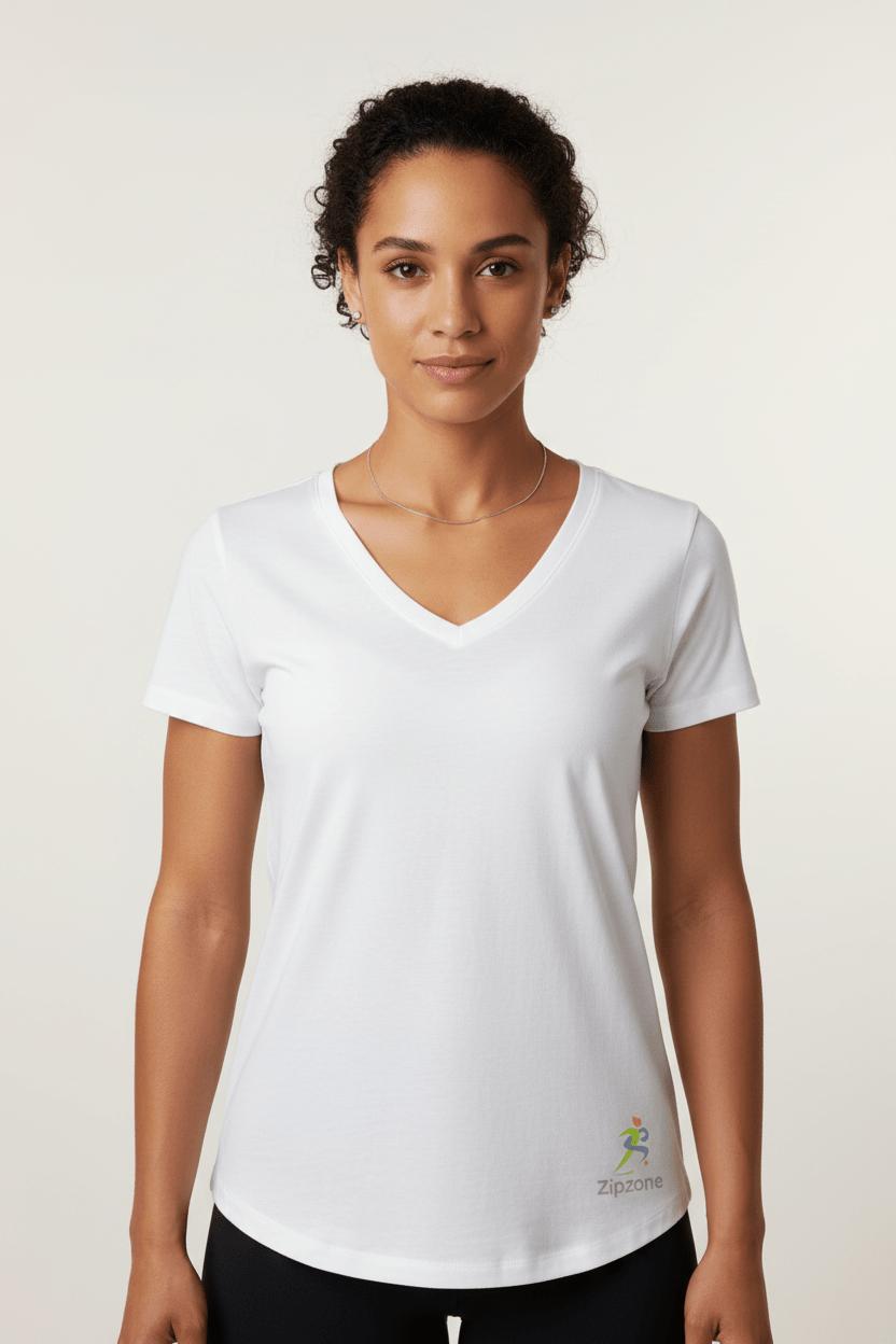 Premium White Women’s V‑Neck Short‑Sleeve Cotton Tee – Classic Fit - Zipzone International