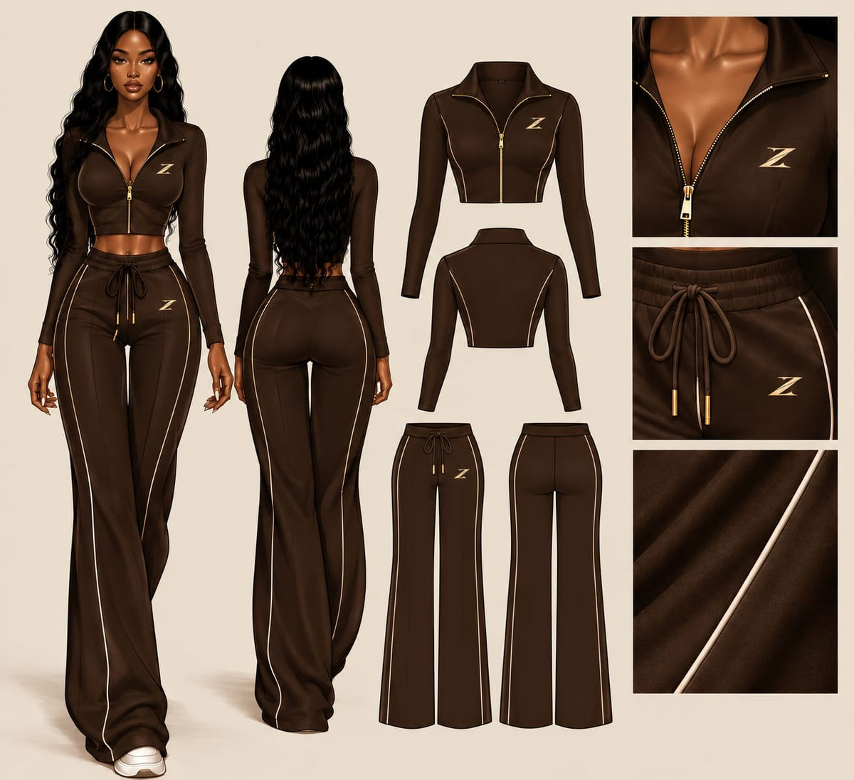 Women's Chocolate Contrast-Piping Zip-Up Co-ord Set - Zipzone International