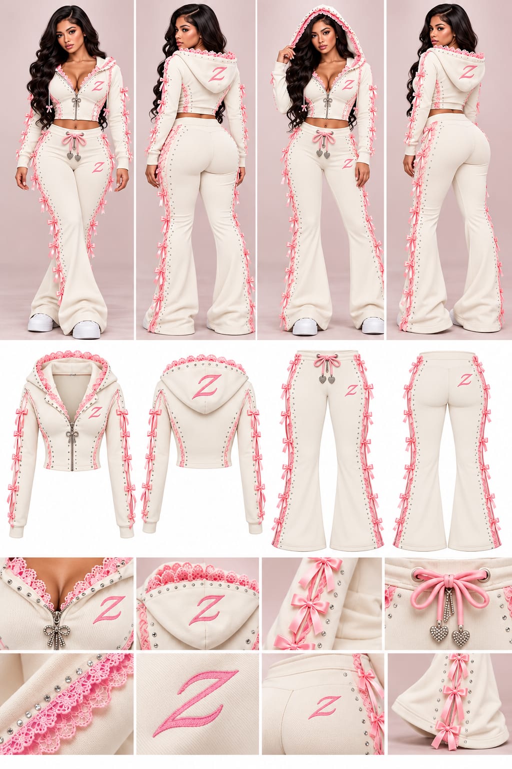 Women's Cream & Pink Bow Zip-Up Hoodie & Flared Trouser Set - Zipzone International