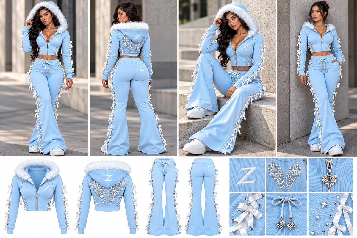 Women's Ice Blue Embellished Hoodie & Flared Trouser Set - Zipzone International