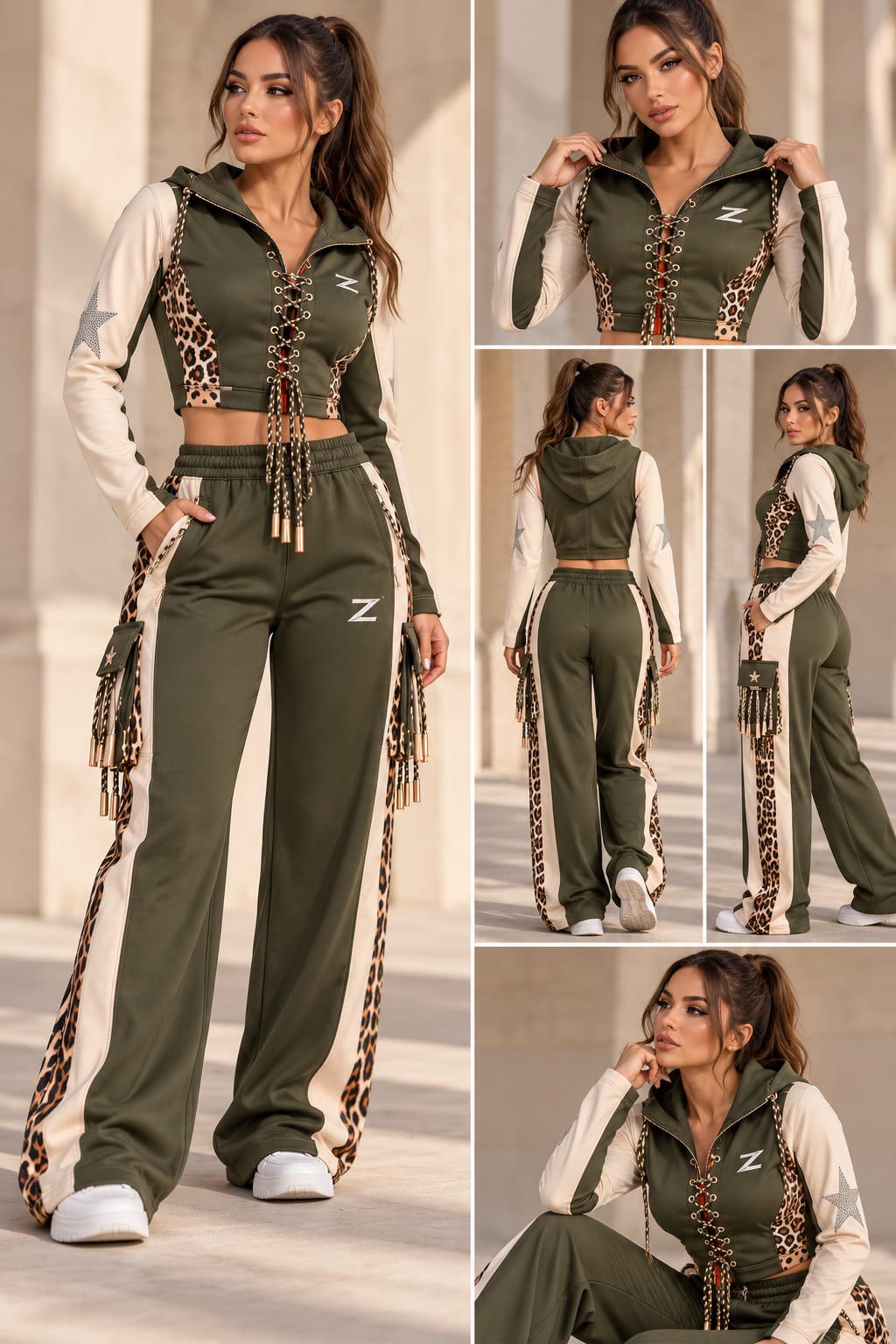 Women's Olive Leopard-Panel Lace-Up Hoodie & Wide-Leg Trouser Set - Zipzone International