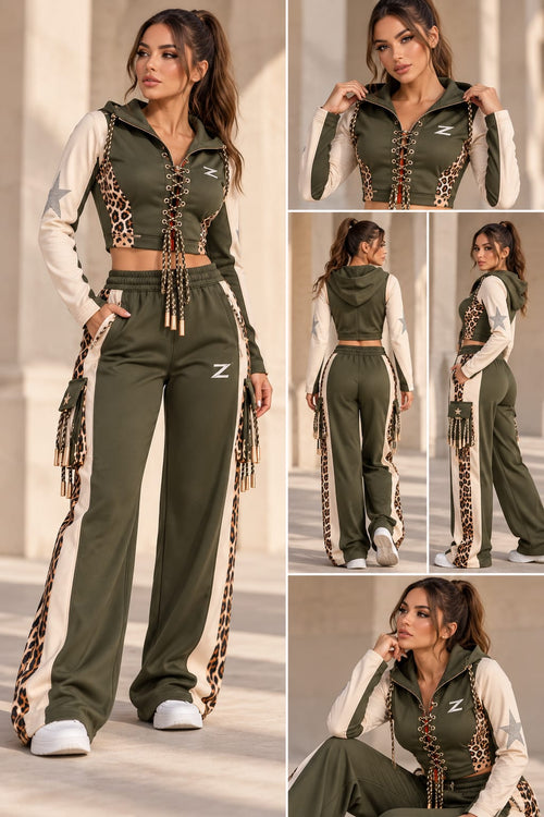 Women's Olive Leopard-Panel Lace-Up Hoodie & Wide-Leg Trouser Set - Zipzone International