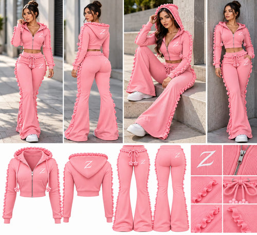 Women's Pink Ruffle Zip-Up Hoodie & Flared Trouser Set - Zipzone International