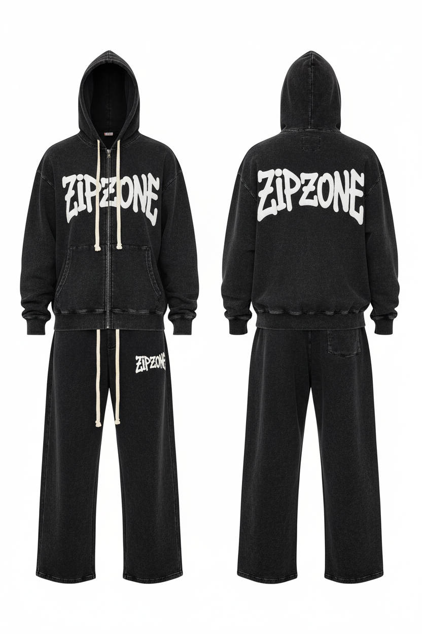 ZIPZONE Acid Washed Tracksuit – Black Straight Open Hem