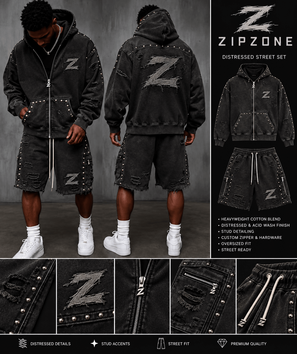 Zipzone Black Distressed Hoodie & Cargo Shorts Set - Zipzone International