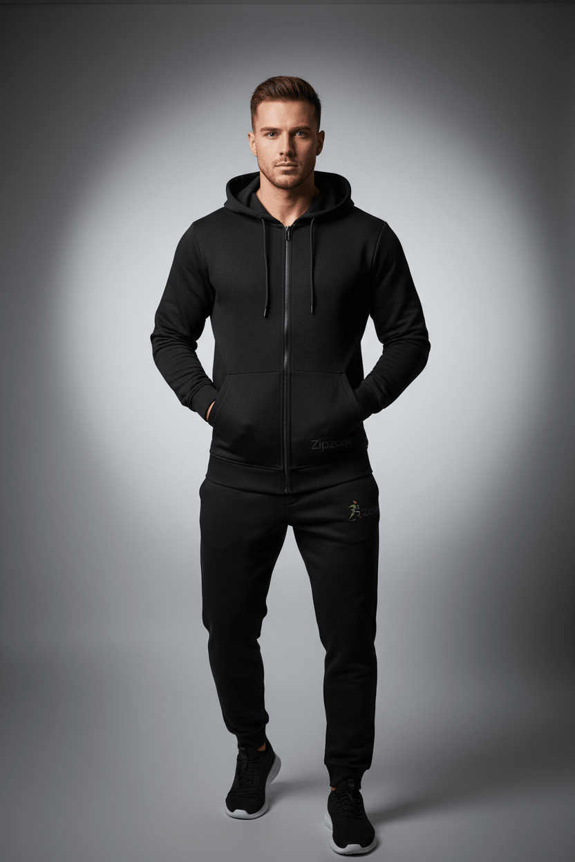 Zipzone Essentials Black Zip - Up Tracksuit | Unisex Hooded Athletic Set - Zipzone International