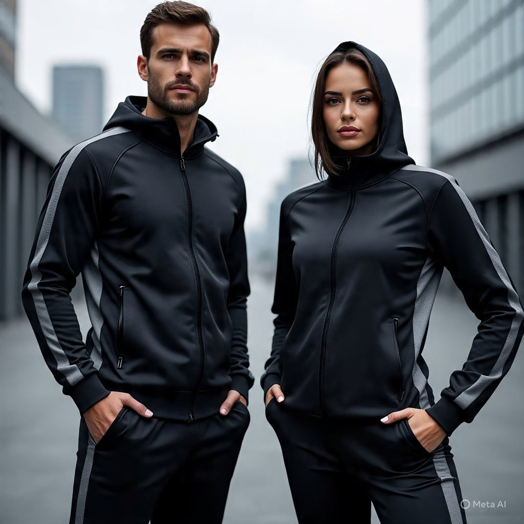 Zipzone Essentials Black Zip - Up Tracksuit | Unisex Hooded Athletic Set - Zipzone International