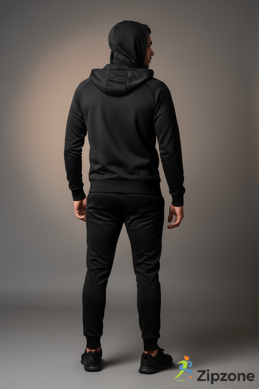 Zipzone Essentials Black Zip - Up Tracksuit | Unisex Hooded Athletic Set - Zipzone International