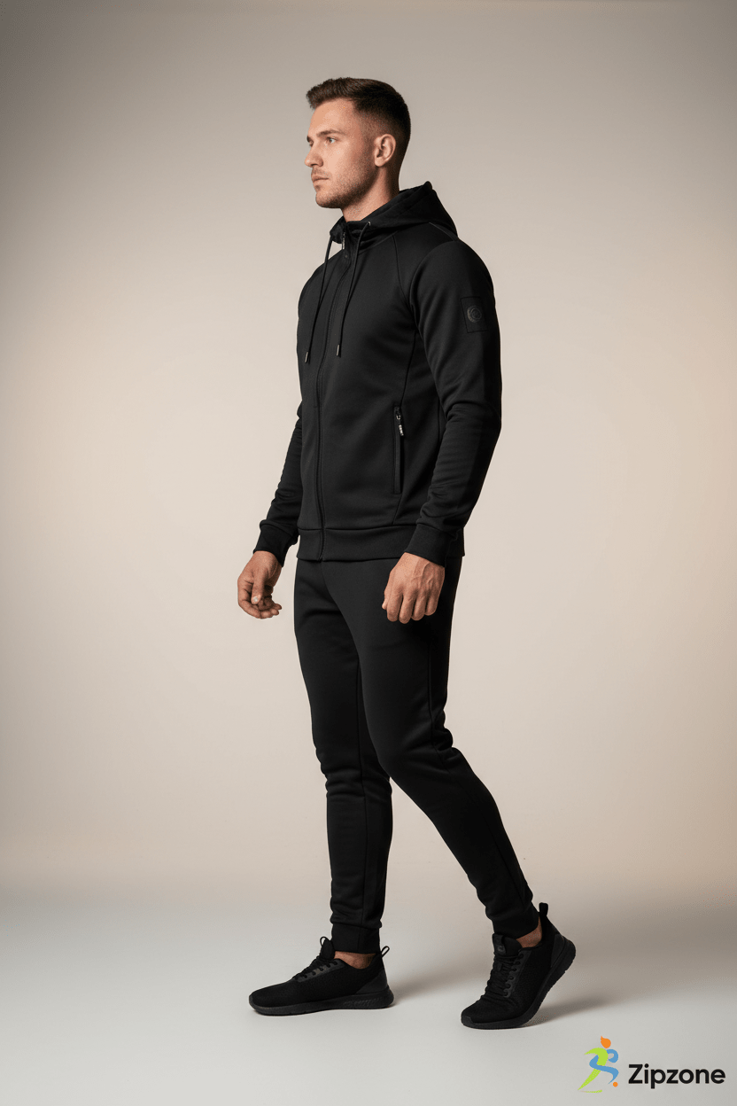 Zipzone Essentials Black Zip - Up Tracksuit | Unisex Hooded Athletic Set - Zipzone International